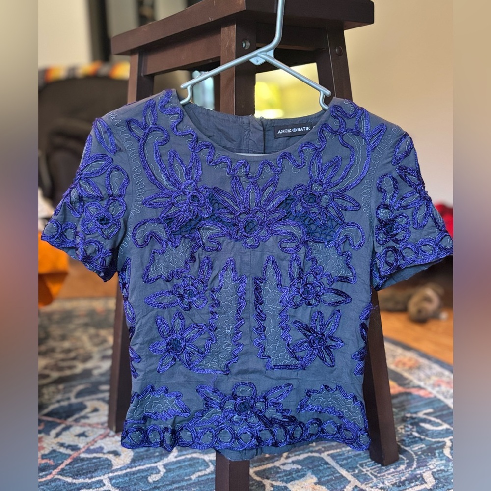 Antik Batik Blue Floral Embroidered Blouse